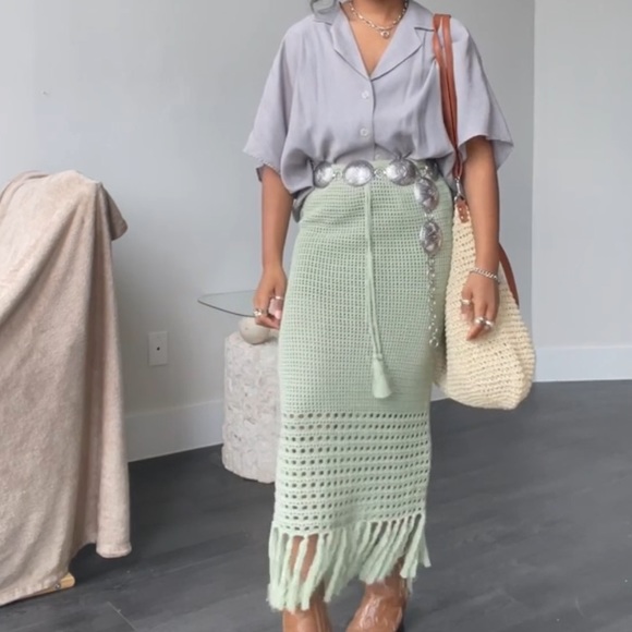 cotton crochet fringe midi skirt in sage - Picture 9 of 14